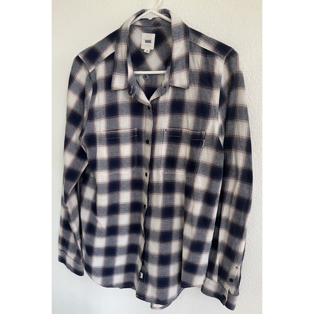 Vans Womens Plaid Long Sleeve Button Down Shirt Medium Blue Cream